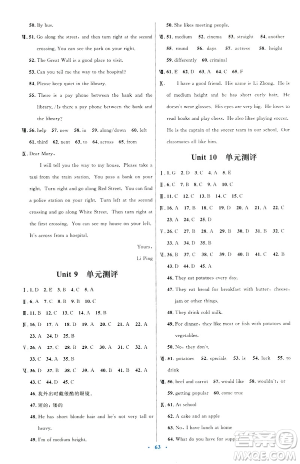 2019年七年級(jí)英語(yǔ)下冊(cè)人教版初中同步測(cè)控優(yōu)化設(shè)計(jì)答案