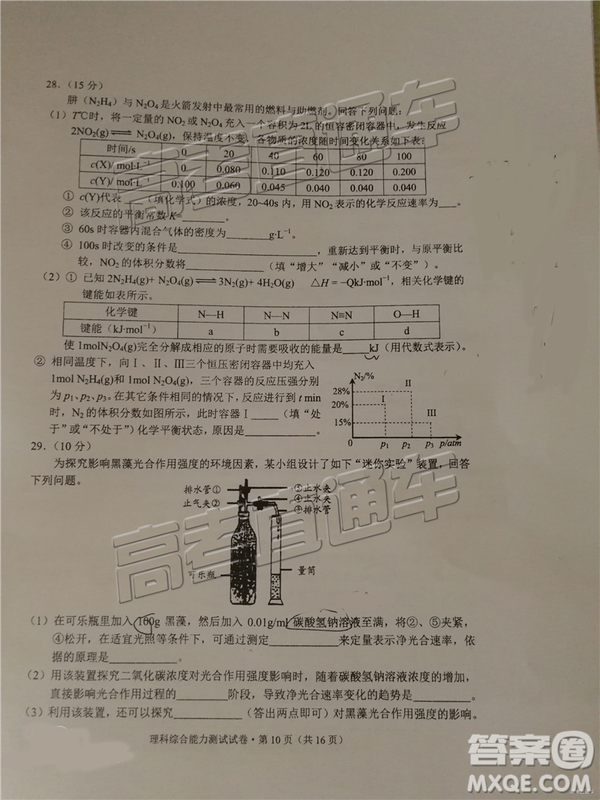 2019年昆明二統(tǒng)理綜試題及參考答案
