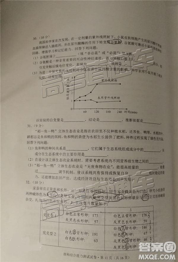 2019年昆明二統(tǒng)理綜試題及參考答案
