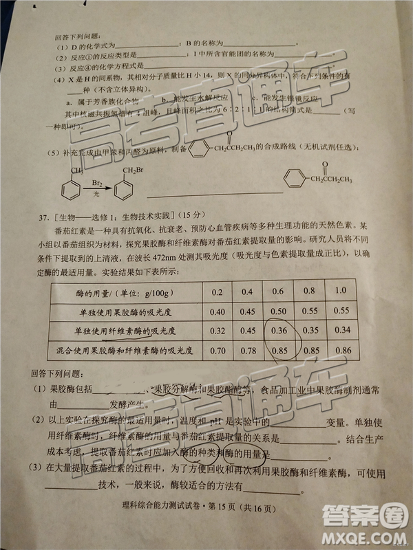2019年昆明二統(tǒng)理綜試題及參考答案
