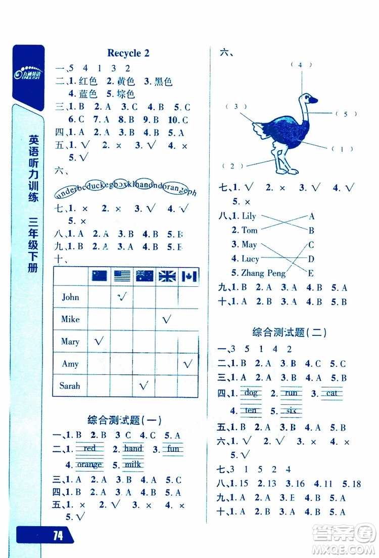 人教版2019年長(zhǎng)江全能學(xué)案英語(yǔ)聽力訓(xùn)練三年級(jí)下冊(cè)參考答案