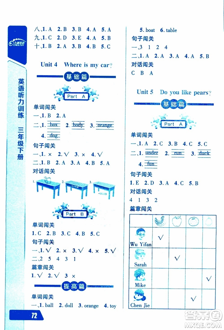 人教版2019年長(zhǎng)江全能學(xué)案英語(yǔ)聽力訓(xùn)練三年級(jí)下冊(cè)參考答案