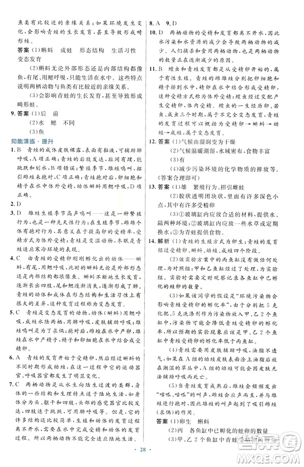 2019年初中同步測控優(yōu)化設(shè)計(jì)生物學(xué)八年級下冊人教版答案