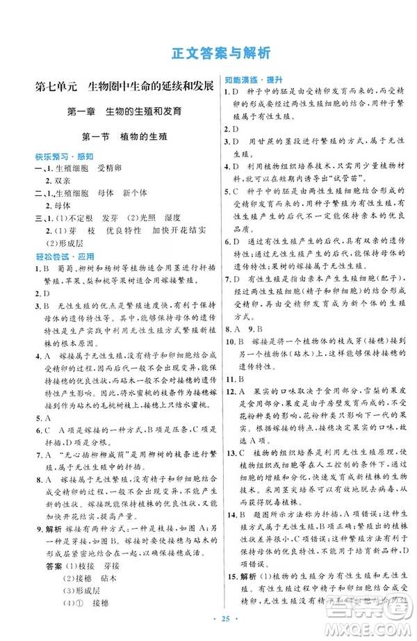 2019年初中同步測控優(yōu)化設(shè)計(jì)生物學(xué)八年級下冊人教版答案