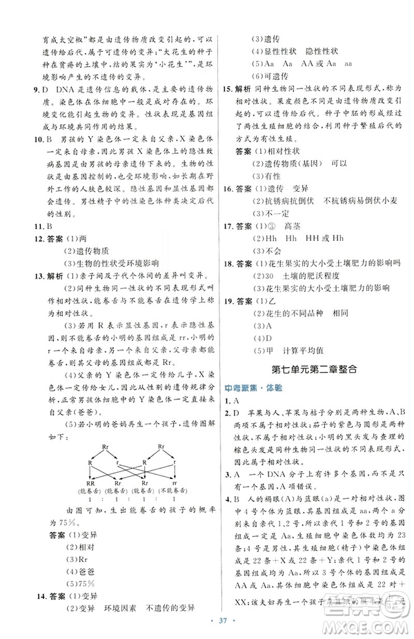 2019年初中同步測控優(yōu)化設(shè)計(jì)生物學(xué)八年級下冊人教版答案