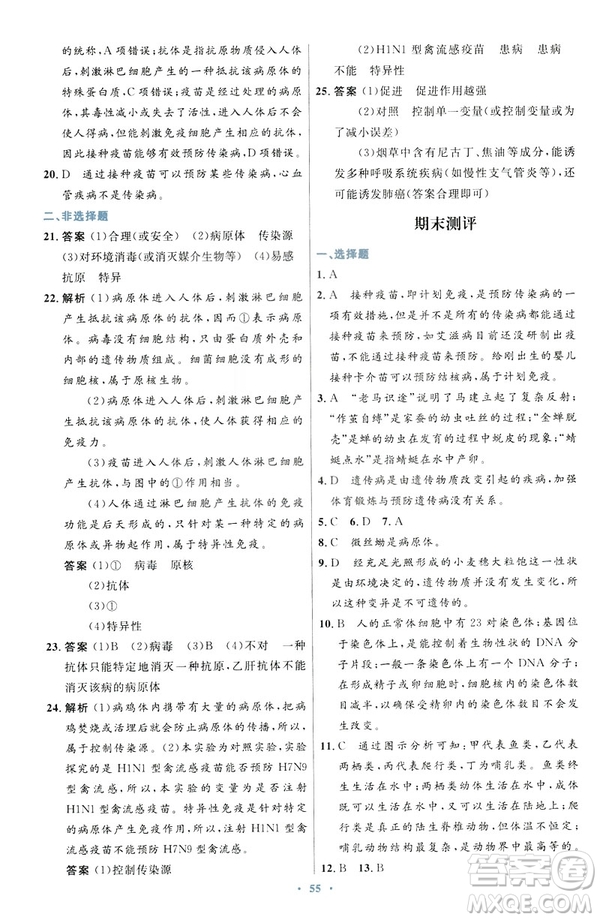 2019年初中同步測控優(yōu)化設(shè)計(jì)生物學(xué)八年級下冊人教版答案