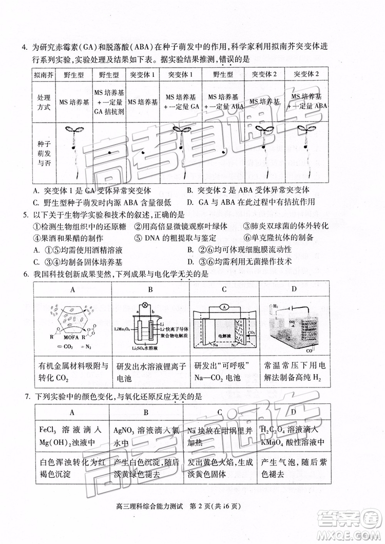 2019年北京朝陽(yáng)區(qū)一模理科綜合試題及參考答案