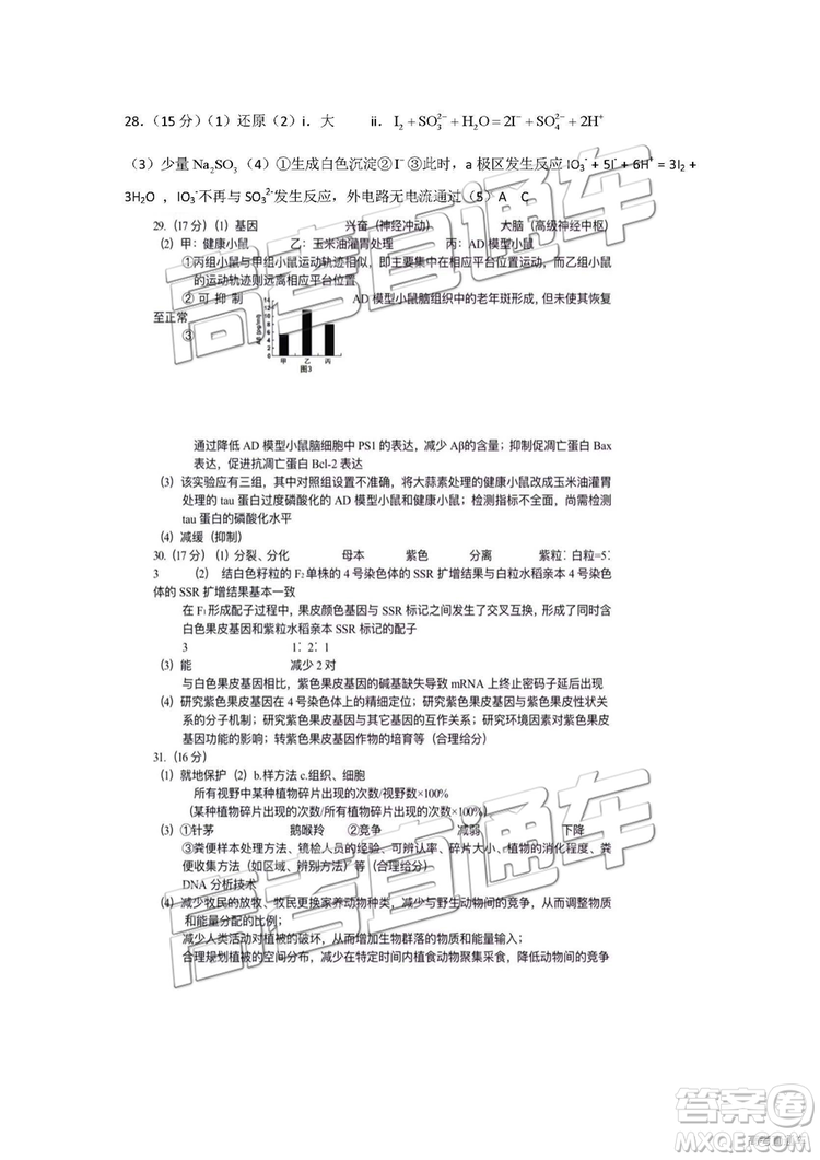 2019年北京朝陽(yáng)區(qū)一模理科綜合試題及參考答案