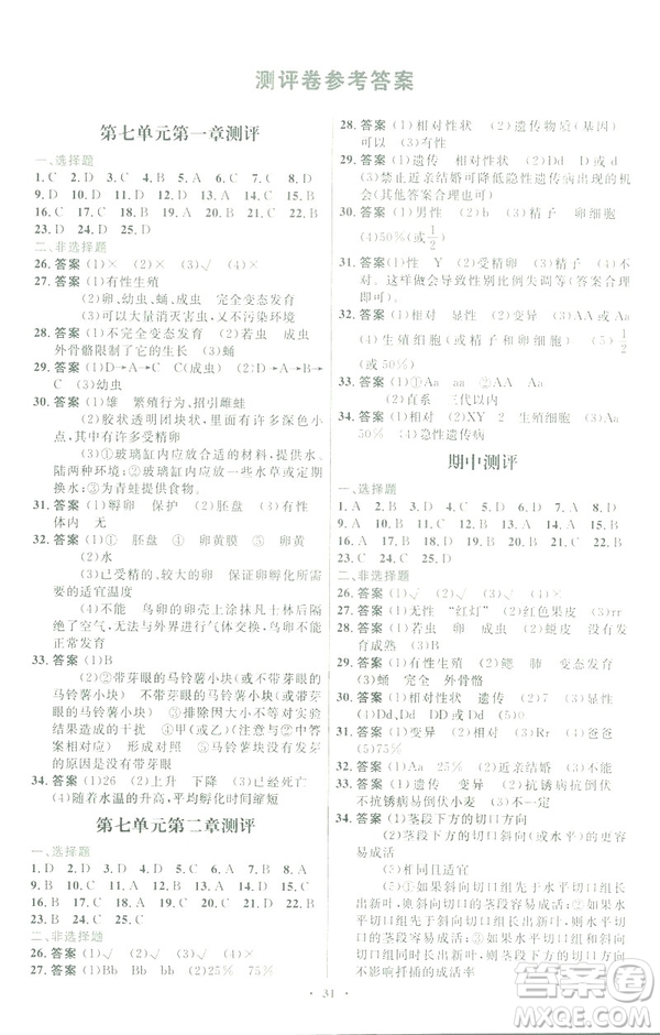2019福建專(zhuān)版初中同步測(cè)控優(yōu)化設(shè)計(jì)八年級(jí)下冊(cè)生物學(xué)人教版參考答案