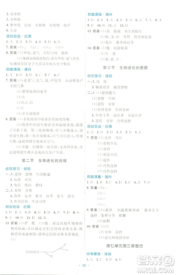 2019福建專(zhuān)版初中同步測(cè)控優(yōu)化設(shè)計(jì)八年級(jí)下冊(cè)生物學(xué)人教版參考答案