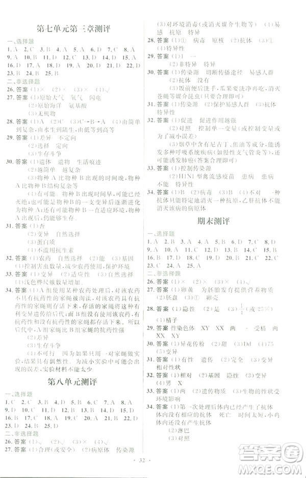 2019福建專(zhuān)版初中同步測(cè)控優(yōu)化設(shè)計(jì)八年級(jí)下冊(cè)生物學(xué)人教版參考答案