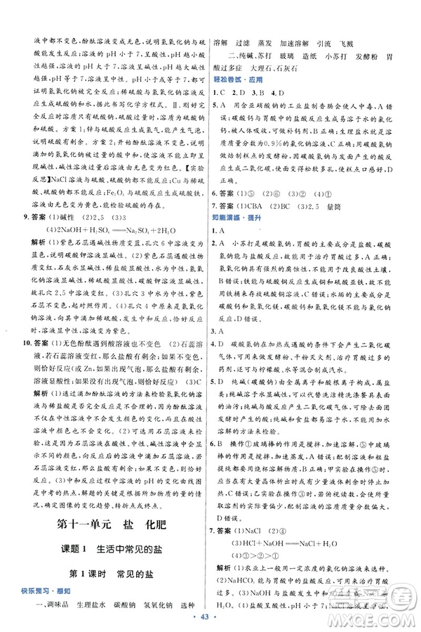 2019初中同步測控優(yōu)化設(shè)計九年級化學(xué)下冊人教版參考答案