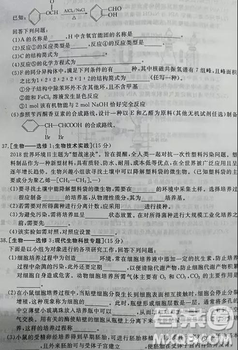 2019年全國百所名校高考模擬調(diào)研卷六理綜參考答案