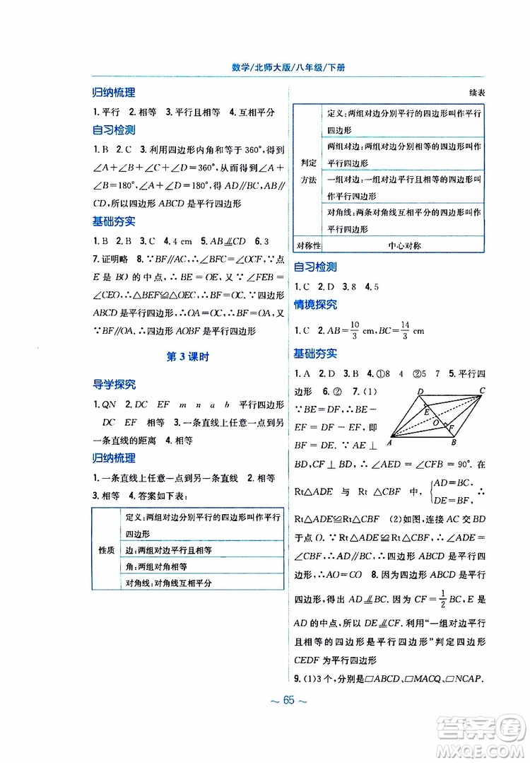 2019版新編基礎(chǔ)訓練八年級數(shù)學北師大版下冊參考答案