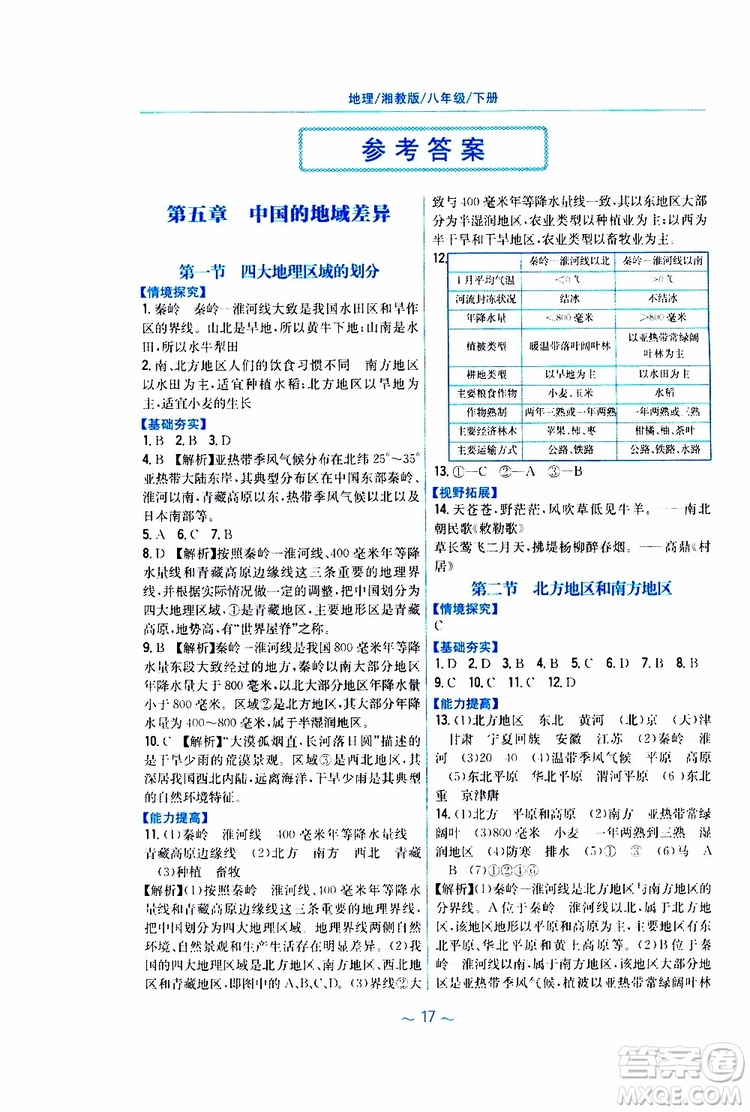 2019春安徽新編基礎(chǔ)訓(xùn)練八年級(jí)下冊(cè)地理湘教版參考答案
