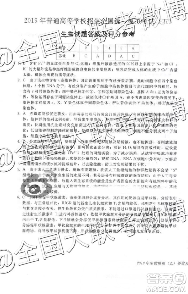2019年普通高等學(xué)校招生全國統(tǒng)一模擬考試五文理綜參考答案