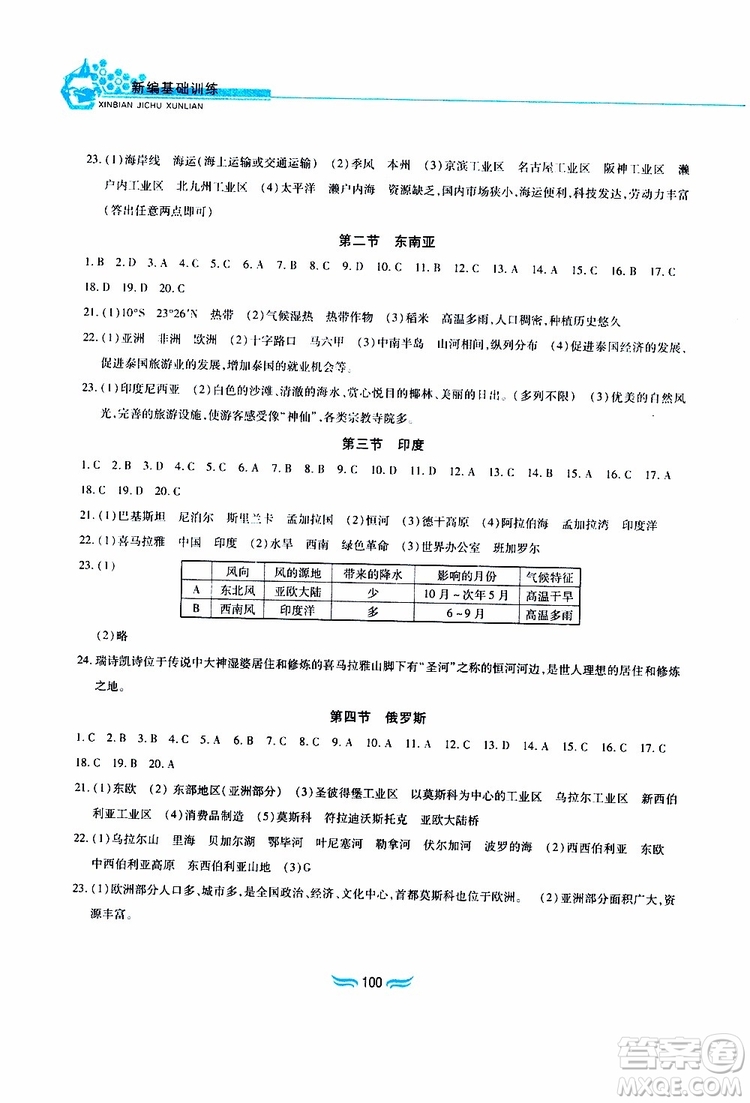 黃山書社2019年新編基礎(chǔ)訓(xùn)練七年級下冊地理人教版參考答案