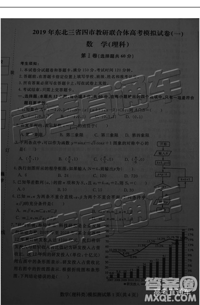 2019年?yáng)|北三省四市一模文理數(shù)試題及參考答案