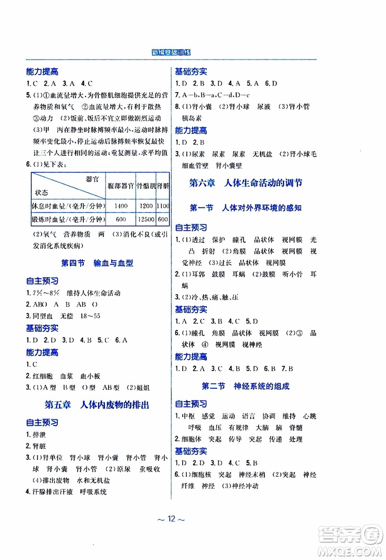 2019版新編基礎(chǔ)訓(xùn)練七年級(jí)生物學(xué)下冊(cè)RJ人教版9787533625634參考答案
