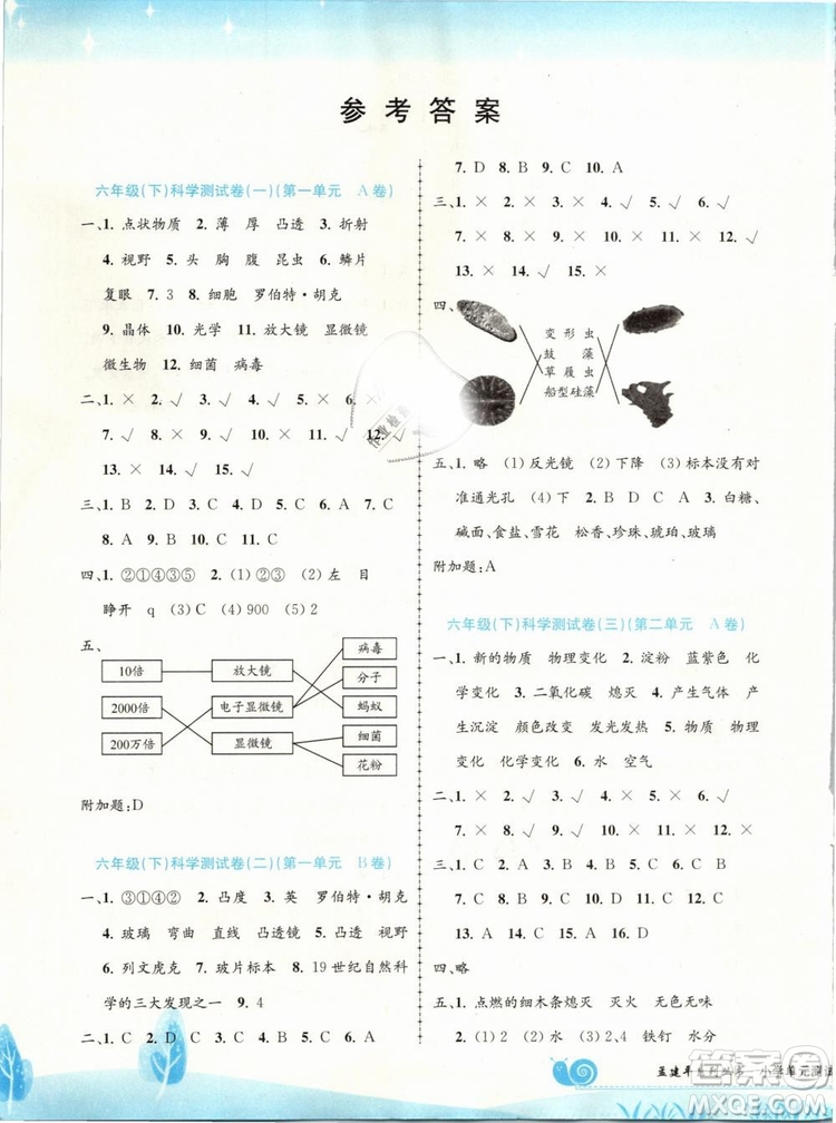 2019春孟建平浙教版小學(xué)單元測(cè)試科學(xué)六年級(jí)下冊(cè)答案