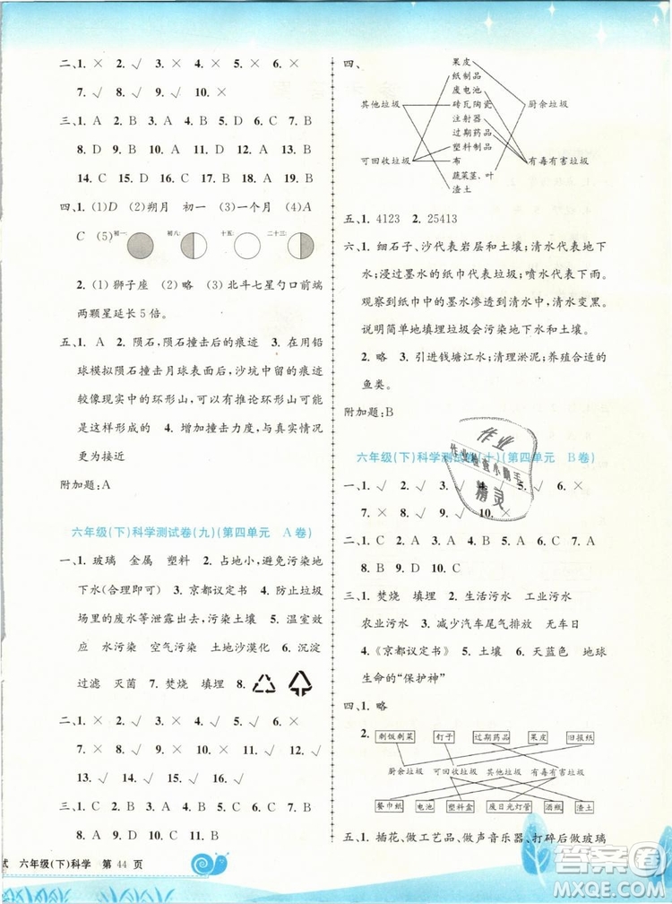 2019春孟建平浙教版小學(xué)單元測(cè)試科學(xué)六年級(jí)下冊(cè)答案