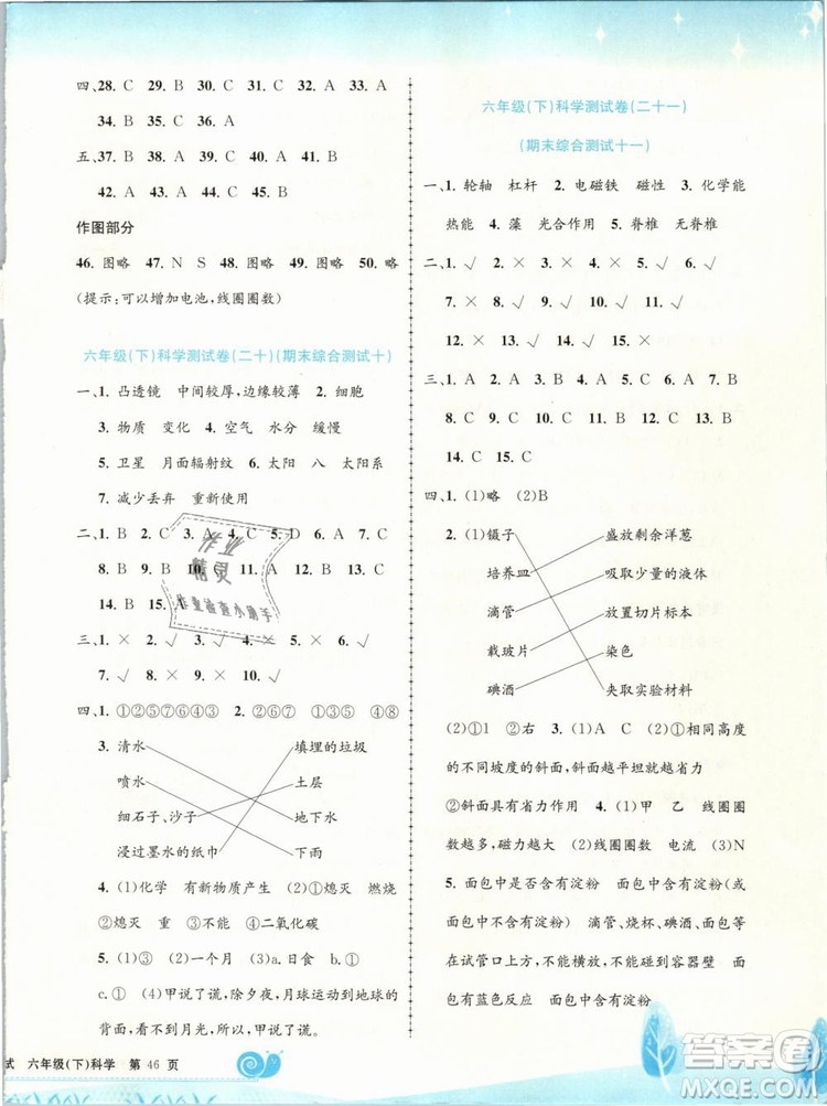 2019春孟建平浙教版小學(xué)單元測(cè)試科學(xué)六年級(jí)下冊(cè)答案