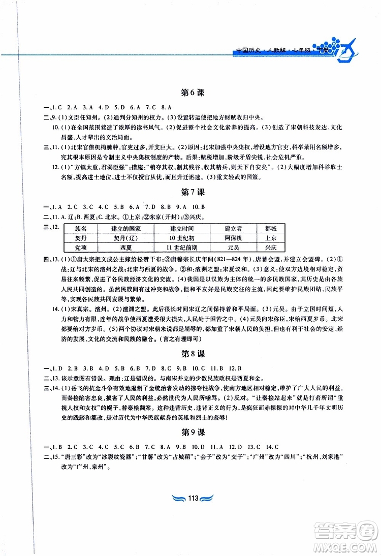 2019版新編基礎(chǔ)訓(xùn)練七年級中國歷史下冊人教版RJ版參考答案