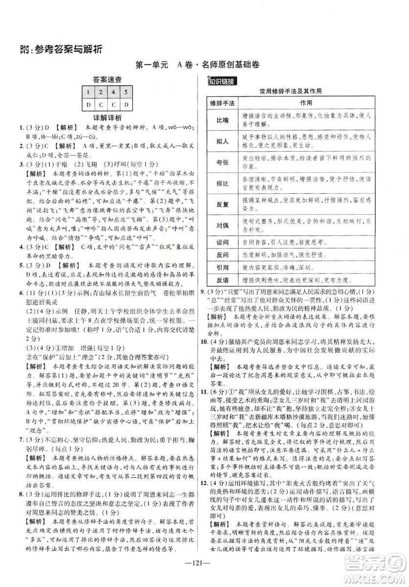 2019版金考卷RJ活頁(yè)題選名師名題單元雙測(cè)卷九年級(jí)下冊(cè)語(yǔ)文人教版答案