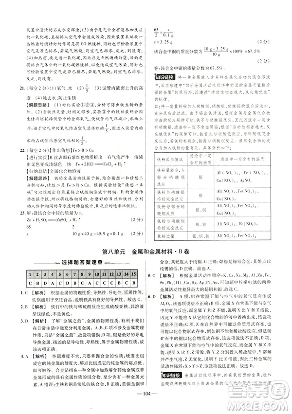 2019版人教版金考卷活頁題選九年級(jí)下化學(xué)RJ名師名題單元雙測(cè)卷答案