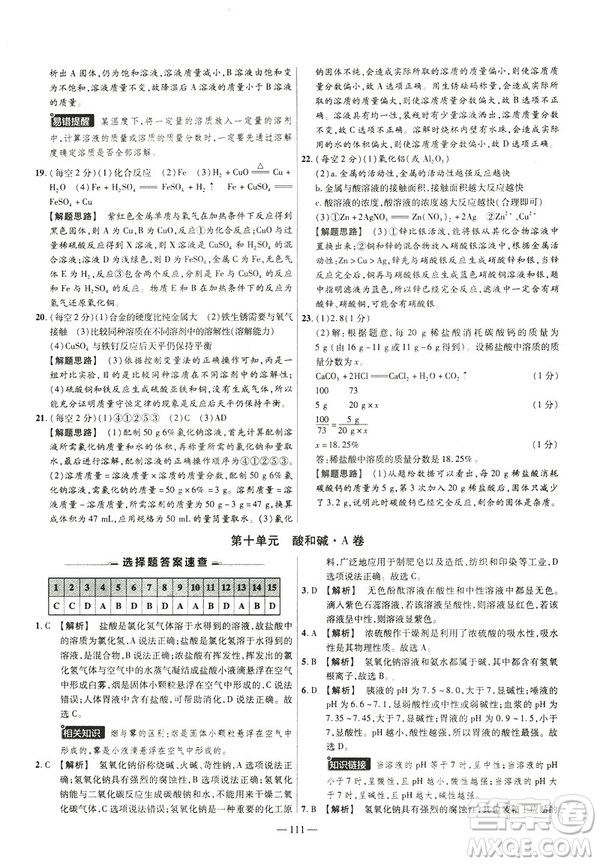2019版人教版金考卷活頁題選九年級(jí)下化學(xué)RJ名師名題單元雙測(cè)卷答案