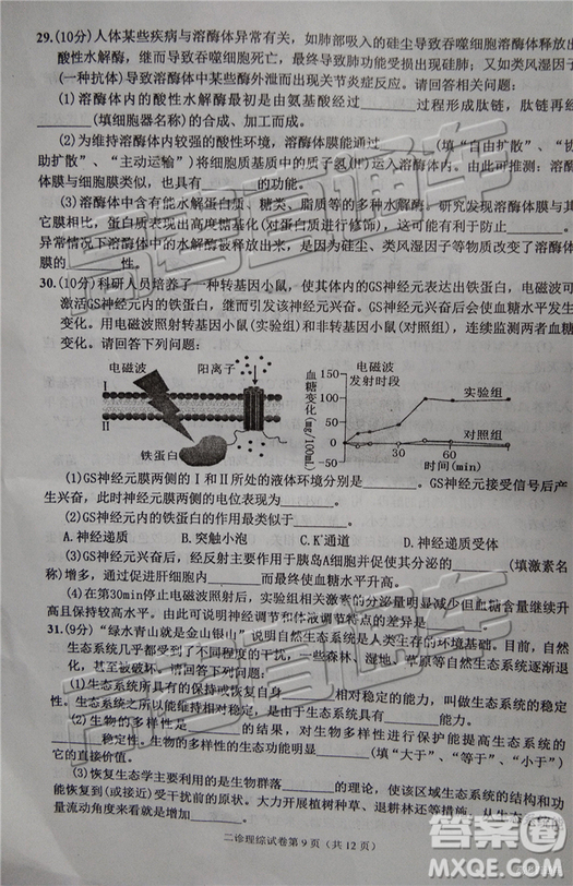 2019達(dá)州二診文理綜試題及參考答案