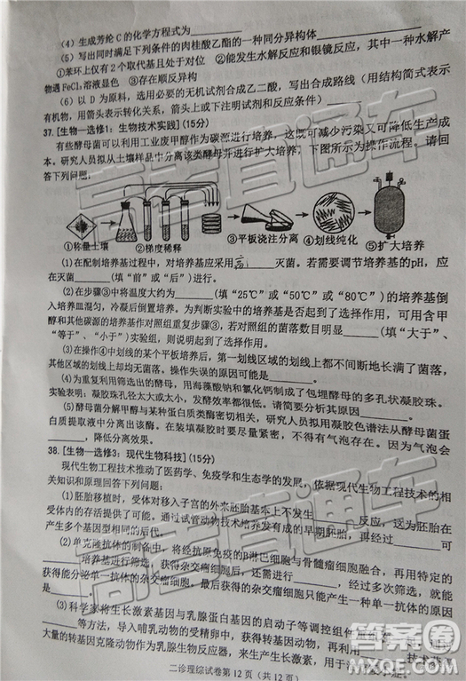 2019達(dá)州二診文理綜試題及參考答案