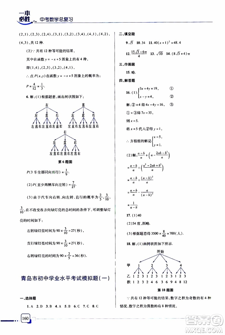 金版2019年一本必勝中考數(shù)學總復習青島專版參考答案