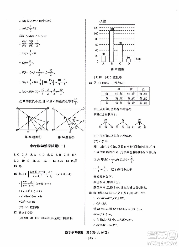 2019年一本必勝中考數(shù)學(xué)模擬試題銀版青島專版9787543608474參考答案