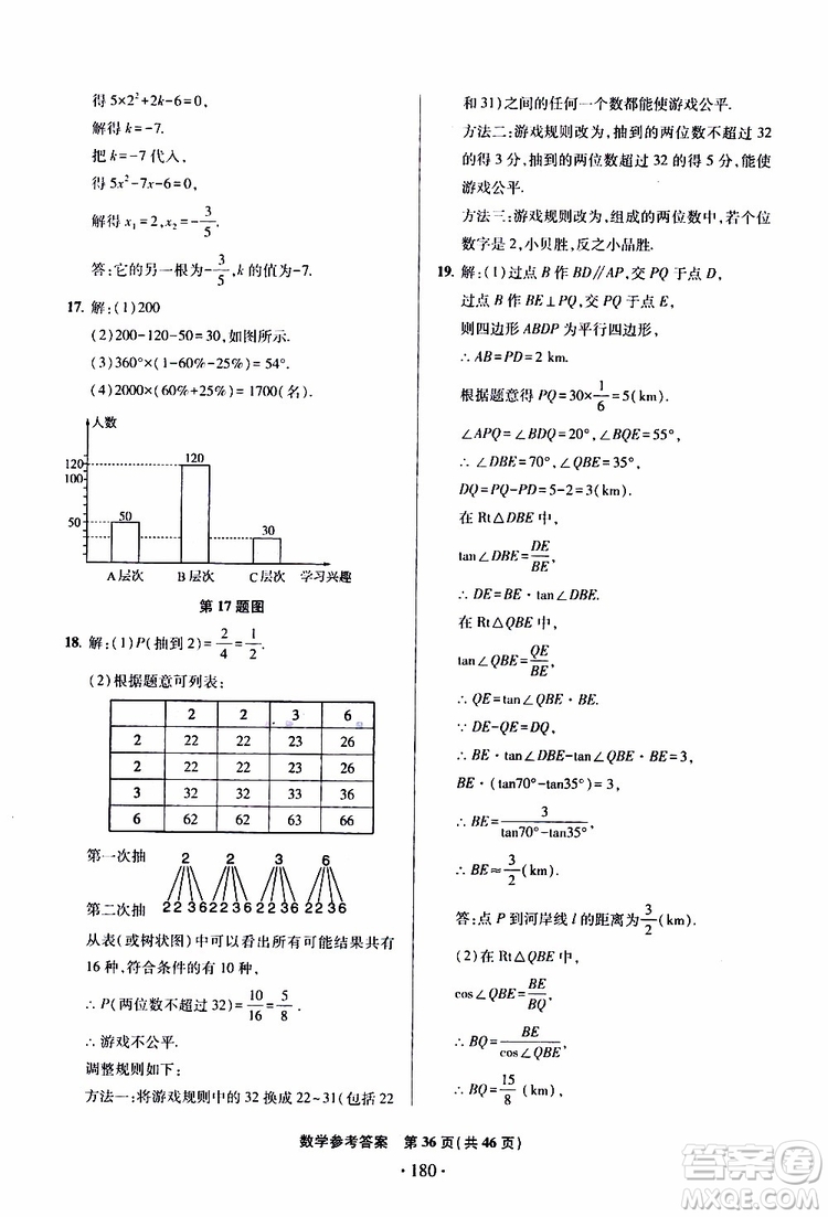 2019年一本必勝中考數(shù)學(xué)模擬試題銀版青島專版9787543608474參考答案