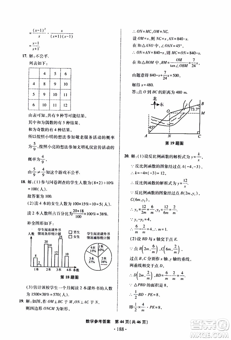 2019年一本必勝中考數(shù)學(xué)模擬試題銀版青島專版9787543608474參考答案