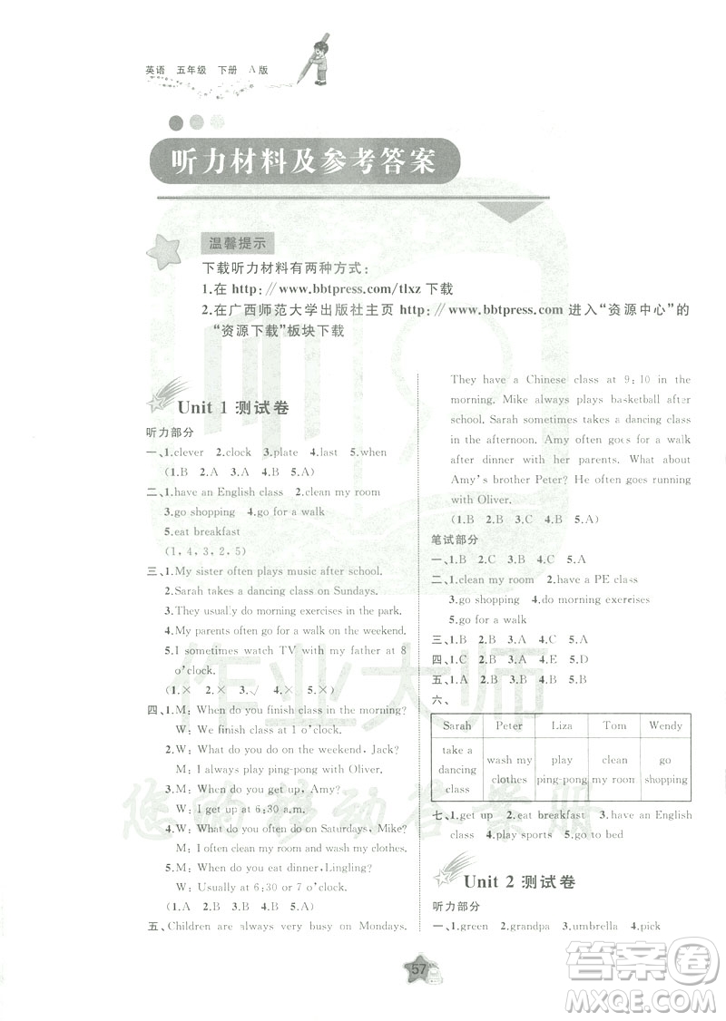 2019春人教版A版新課程學(xué)習(xí)與測(cè)評(píng)單元雙測(cè)五年級(jí)下冊(cè)英語(yǔ)答案