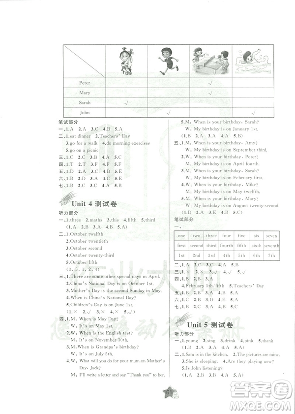2019春人教版A版新課程學(xué)習(xí)與測(cè)評(píng)單元雙測(cè)五年級(jí)下冊(cè)英語(yǔ)答案