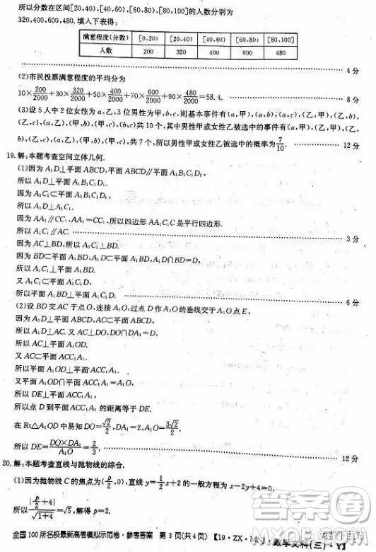 2019年全國100所名校最新高考模擬示范卷二、三、四、五、六文數(shù)答案