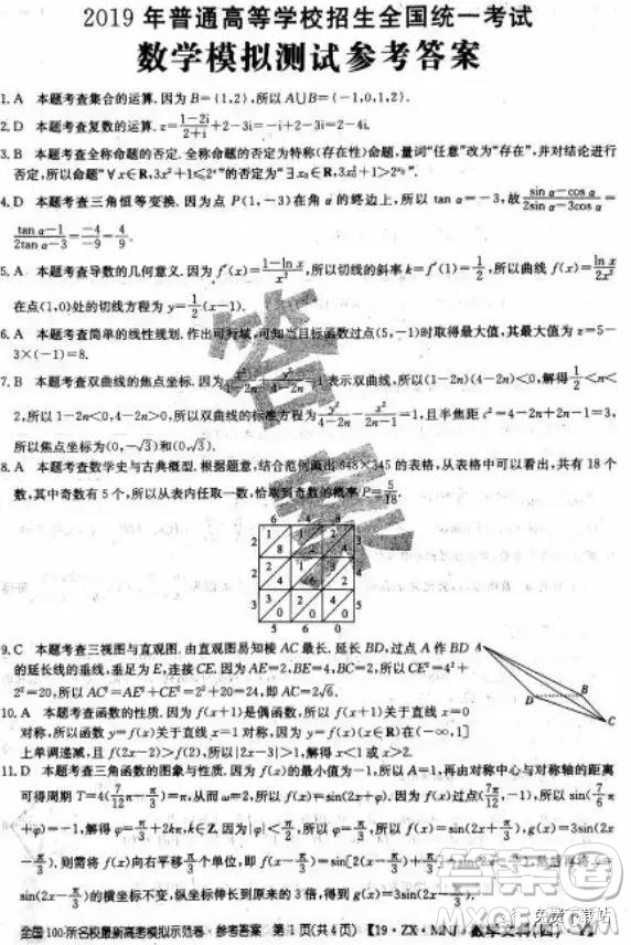 2019年全國100所名校最新高考模擬示范卷二、三、四、五、六文數(shù)答案