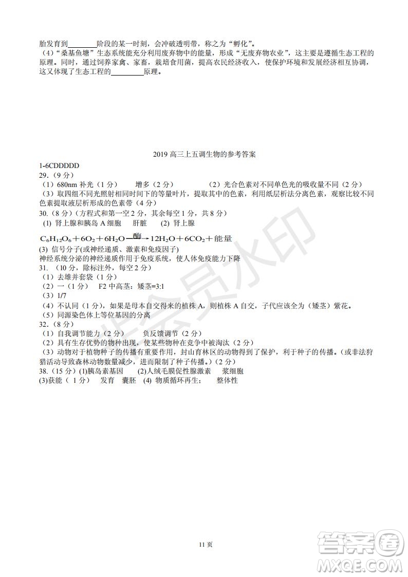 玉溪一中高2019屆高三第五次調(diào)研考試理科綜合試卷及答案