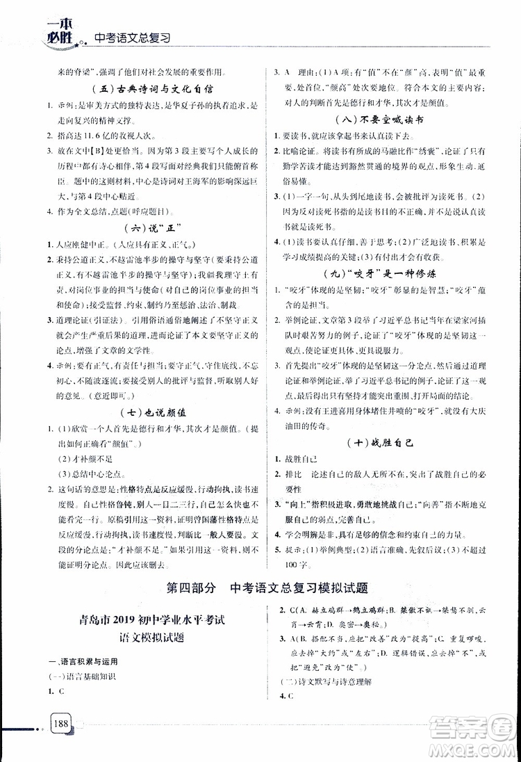 2019年一本必勝中考語(yǔ)文總復(fù)習(xí)金版青島專版參考答案