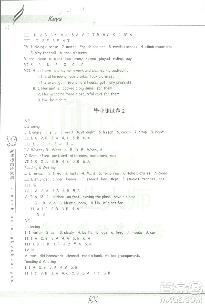 新課標(biāo)單元同步雙測2019小學(xué)英語六年級下冊人教PEP版答案