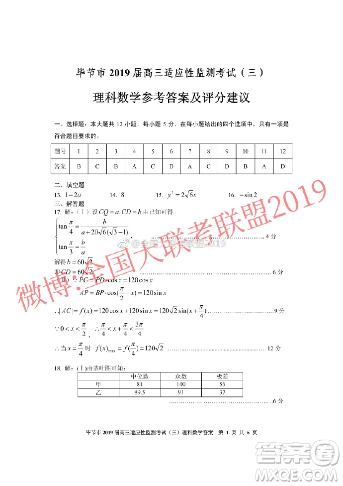 畢節(jié)市2019屆高三適應(yīng)性監(jiān)測考試三文理數(shù)參考答案 ????
