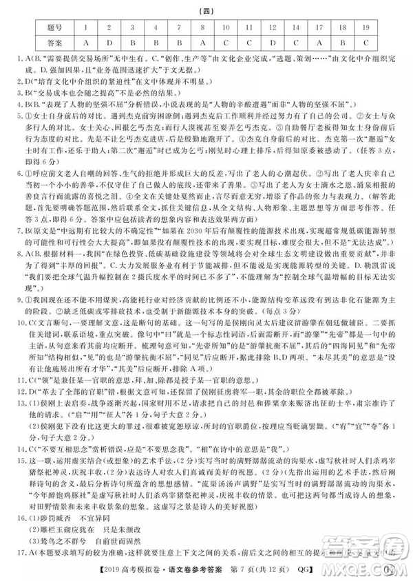2019全國百所名校高考模擬調(diào)研卷語文一、二、三、四、五、六參考答案