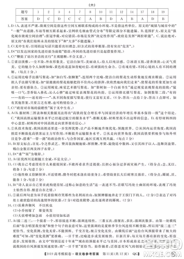 2019全國百所名校高考模擬調(diào)研卷語文一、二、三、四、五、六參考答案