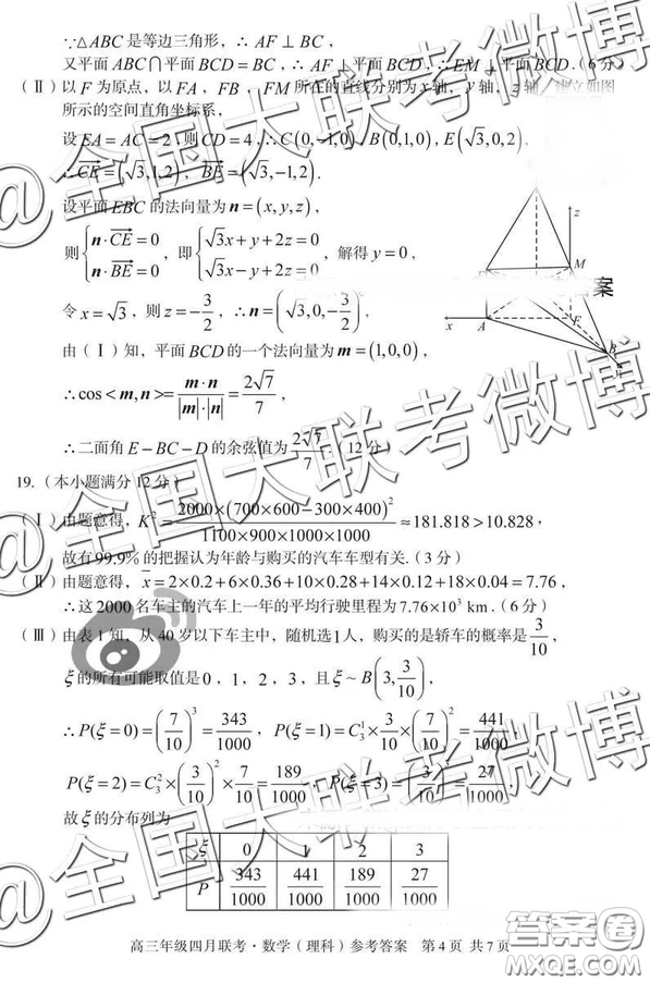 2019高三年級四月聯(lián)考文理數(shù)答案