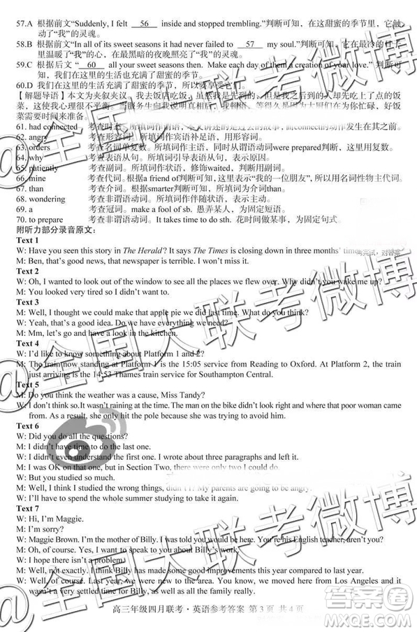 2019年高三年級(jí)四月聯(lián)考英語(yǔ)參考答案