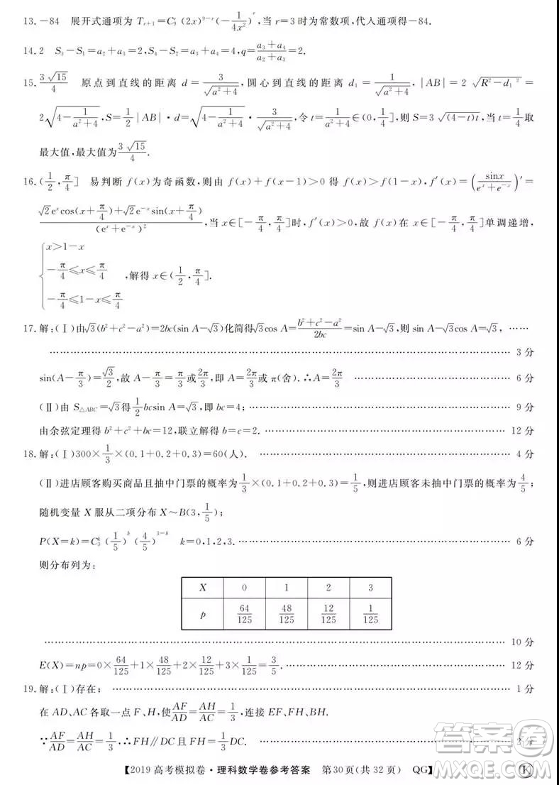 2019全國百所名校高考模擬調(diào)研卷理數(shù)一、二、三、四、五、六參考答案