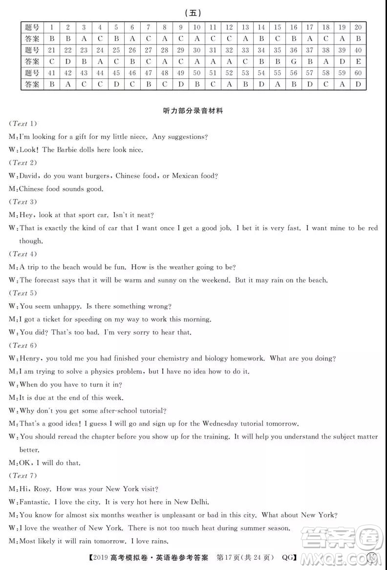 2019全國百所名校高考模擬調(diào)研卷英語一、二、三、四、五、六參考答案